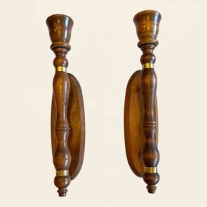 Vintage Wooden Wall Sconce Candle Holders Set of 2 Spindle Brass Accents Brown